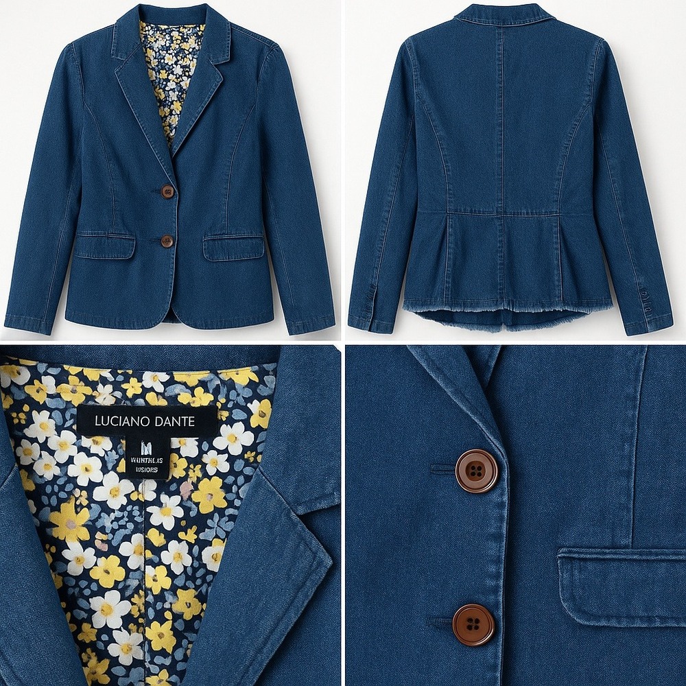 Luciano Dantè Women Med. Denim Blazer Jacket Blue Jean Coat Floral‎ Lined Retro